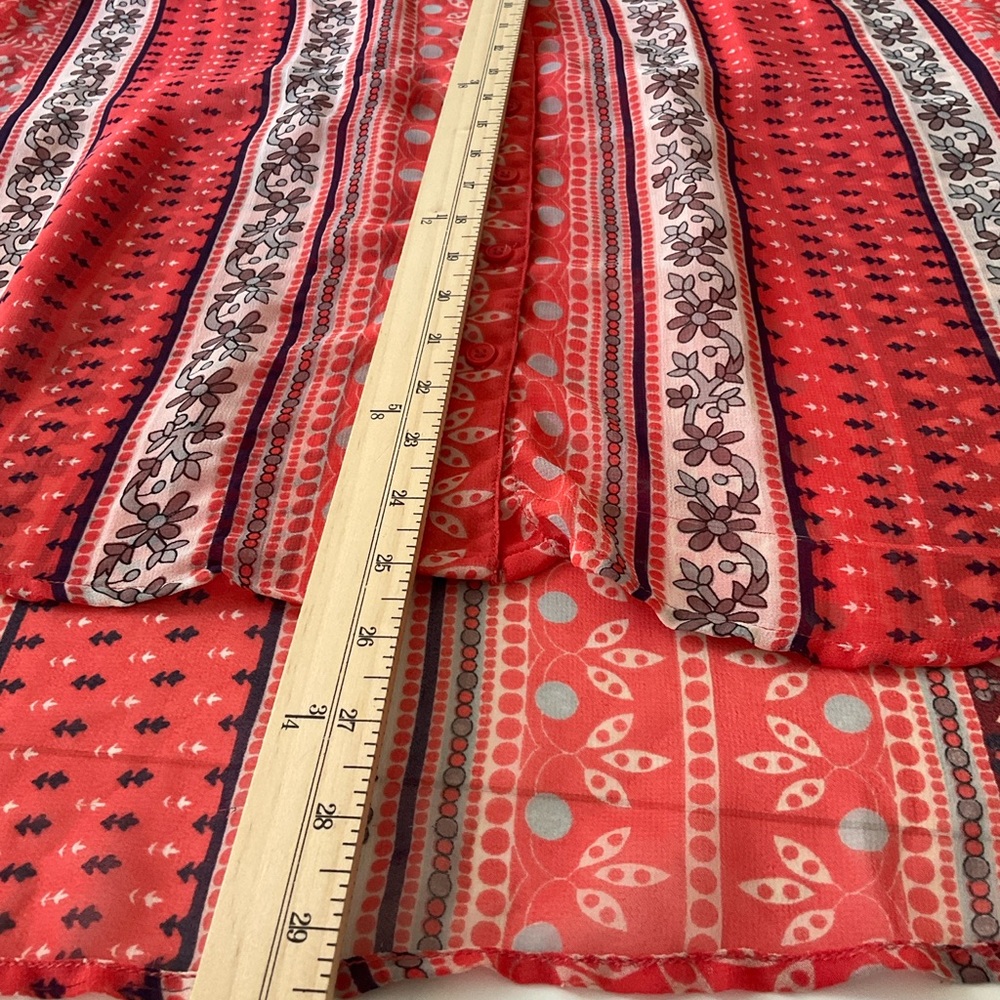 Free People SP Sheer Coral-Red Multi Pattern Button-Up  Tunic Blouse - Picture 8 of 9